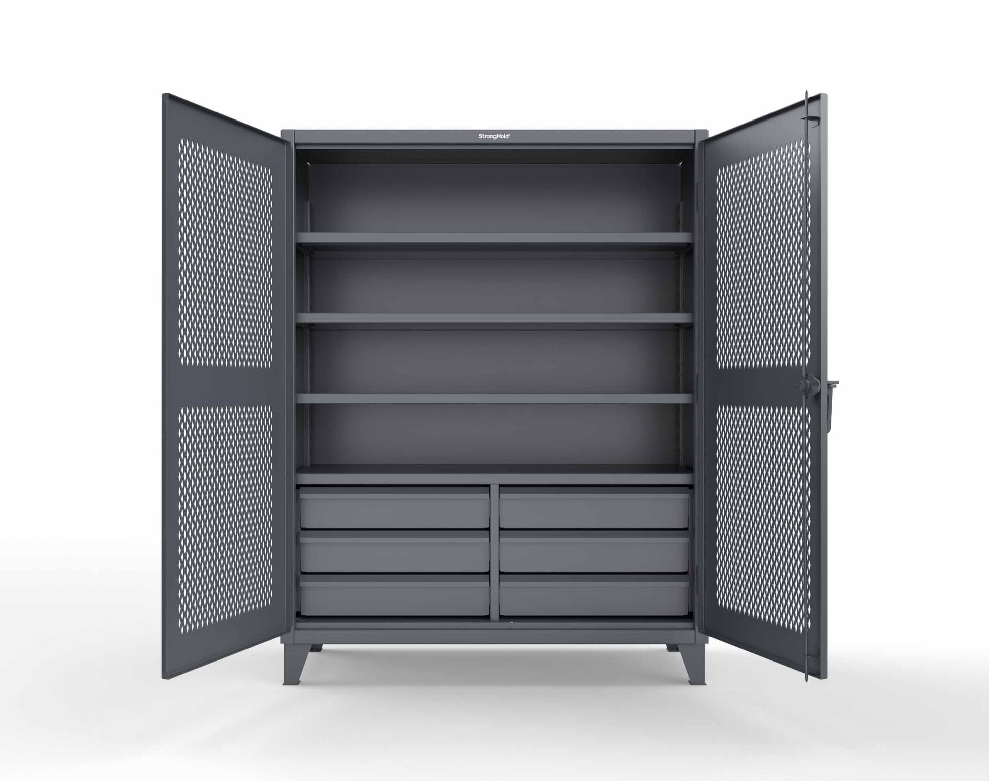 Extreme Duty 12 GA Ventilated (Diamond) Cabinet with 6 Half-Width Drawers, 4 Shelves - 60 In. W x 24 In. D x 78 In. H - 56-V-244-6/5DB-7024