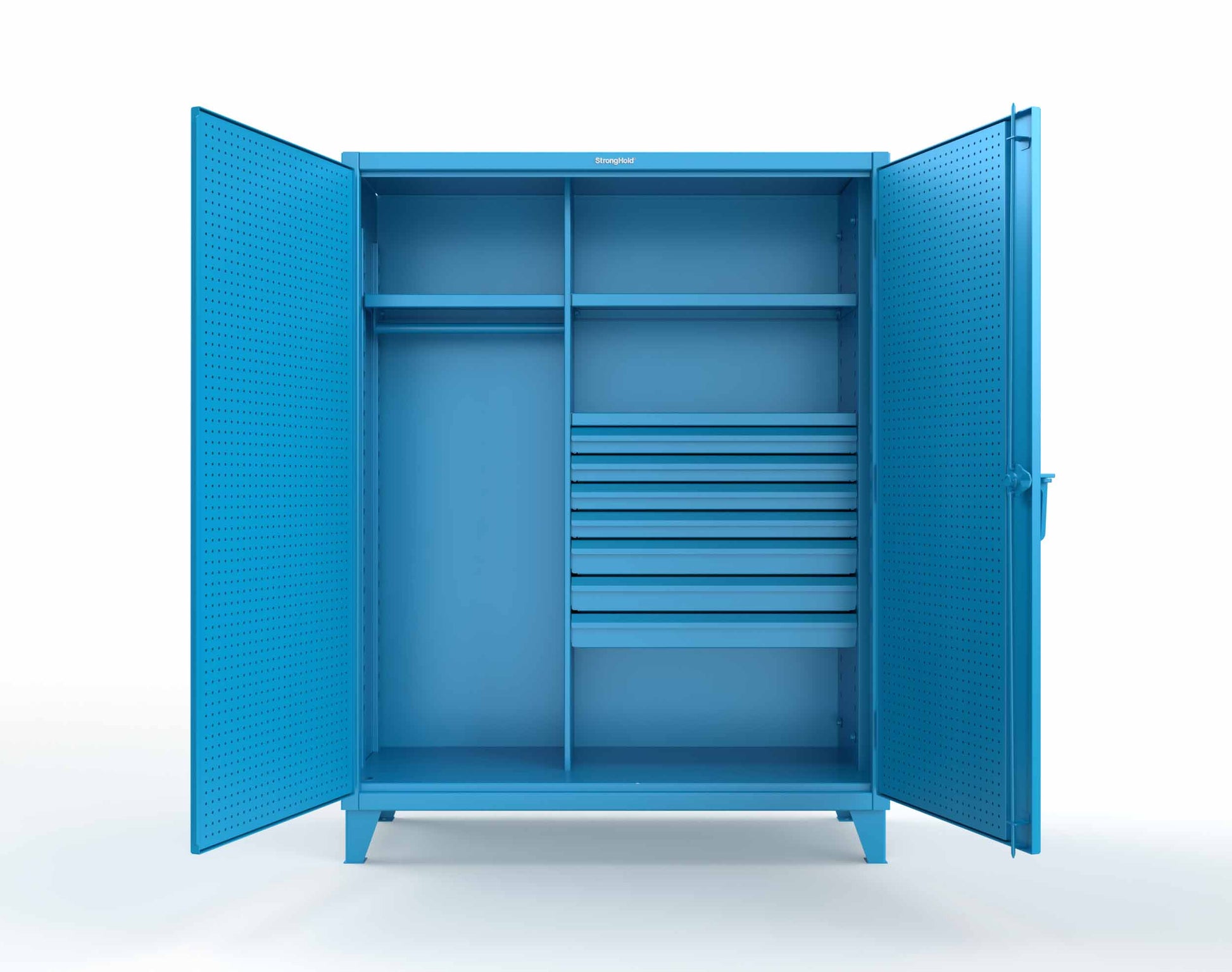 Extreme Duty 12 GA Uniform Cabinet with 7 Drawers, Pegboard, 3 Shelves - 60 In. W x 24 In. D x 78 In. H - 56-W-243-7DB-PB-5012
