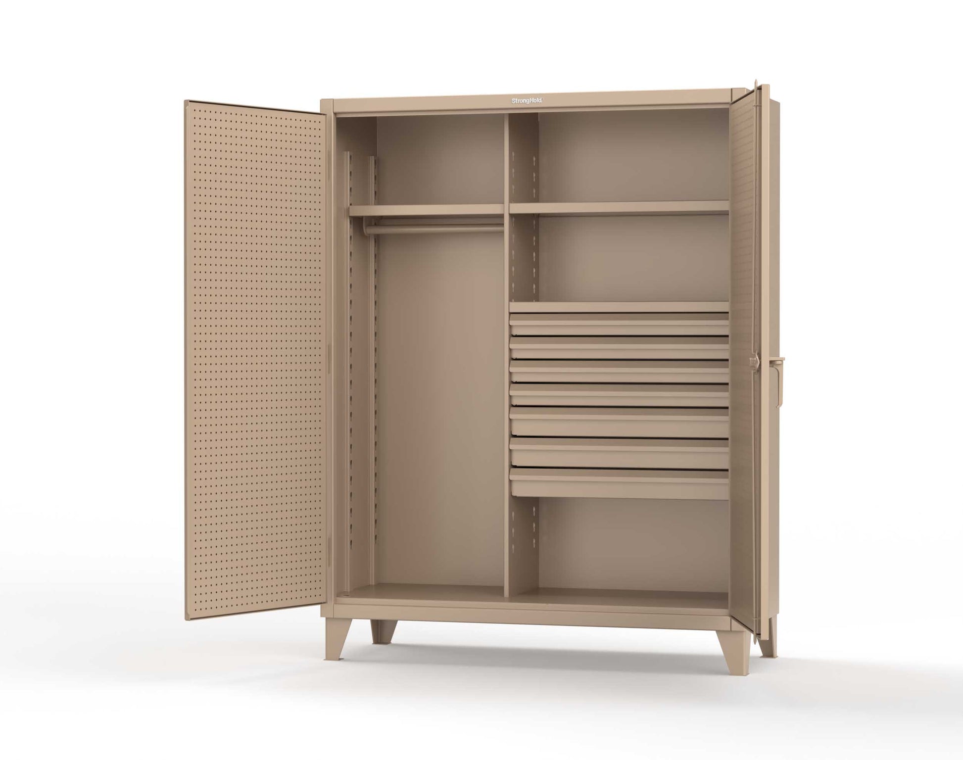Extreme Duty 12 GA Uniform Cabinet with 7 Drawers, Pegboard, 3 Shelves - 60 In. W x 24 In. D x 78 In. H - 56-W-243-7DB-PB-1019