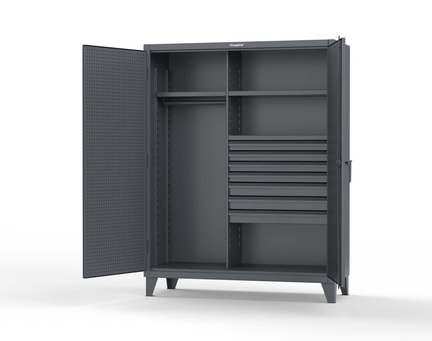 Extreme Duty 12 GA Uniform Cabinet with 7 Drawers, Pegboard, 3 Shelves - 60 In. W x 24 In. D x 78 In. H - 56-W-243-7DB-PB-7024