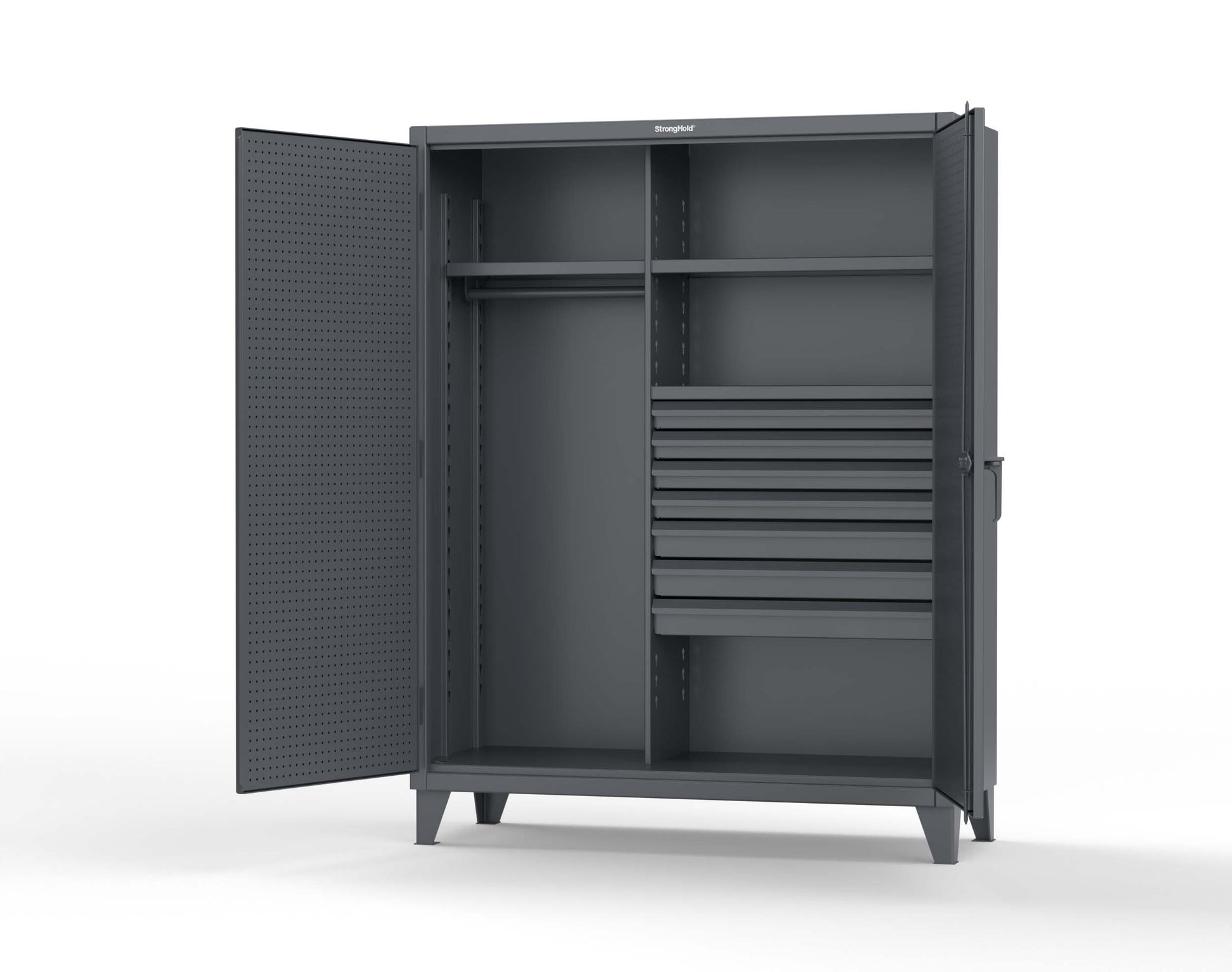 Extreme Duty 12 GA Uniform Cabinet with 7 Drawers, Pegboard, 3 Shelves - 60 In. W x 24 In. D x 78 In. H - 56-W-243-7DB-PB-7024
