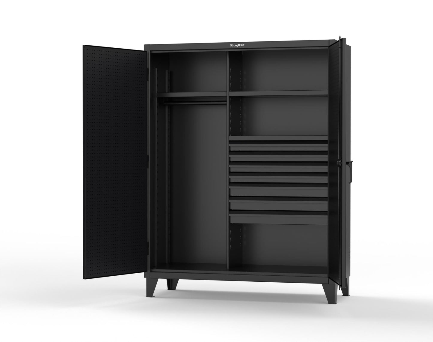 Extreme Duty 12 GA Uniform Cabinet with 7 Drawers, Pegboard, 3 Shelves - 60 In. W x 24 In. D x 78 In. H - 56-W-243-7DB-PB-9005