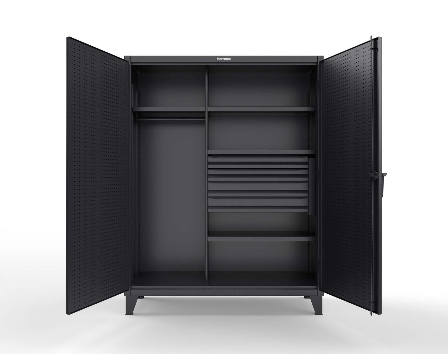 Extreme Duty 12 GA Uniform Cabinet with 4 Drawers, Pegboard, 4 Shelves - 60 In. W x 24 In. D x 78 In. H - 56-W-244-4DB-PB-9005
