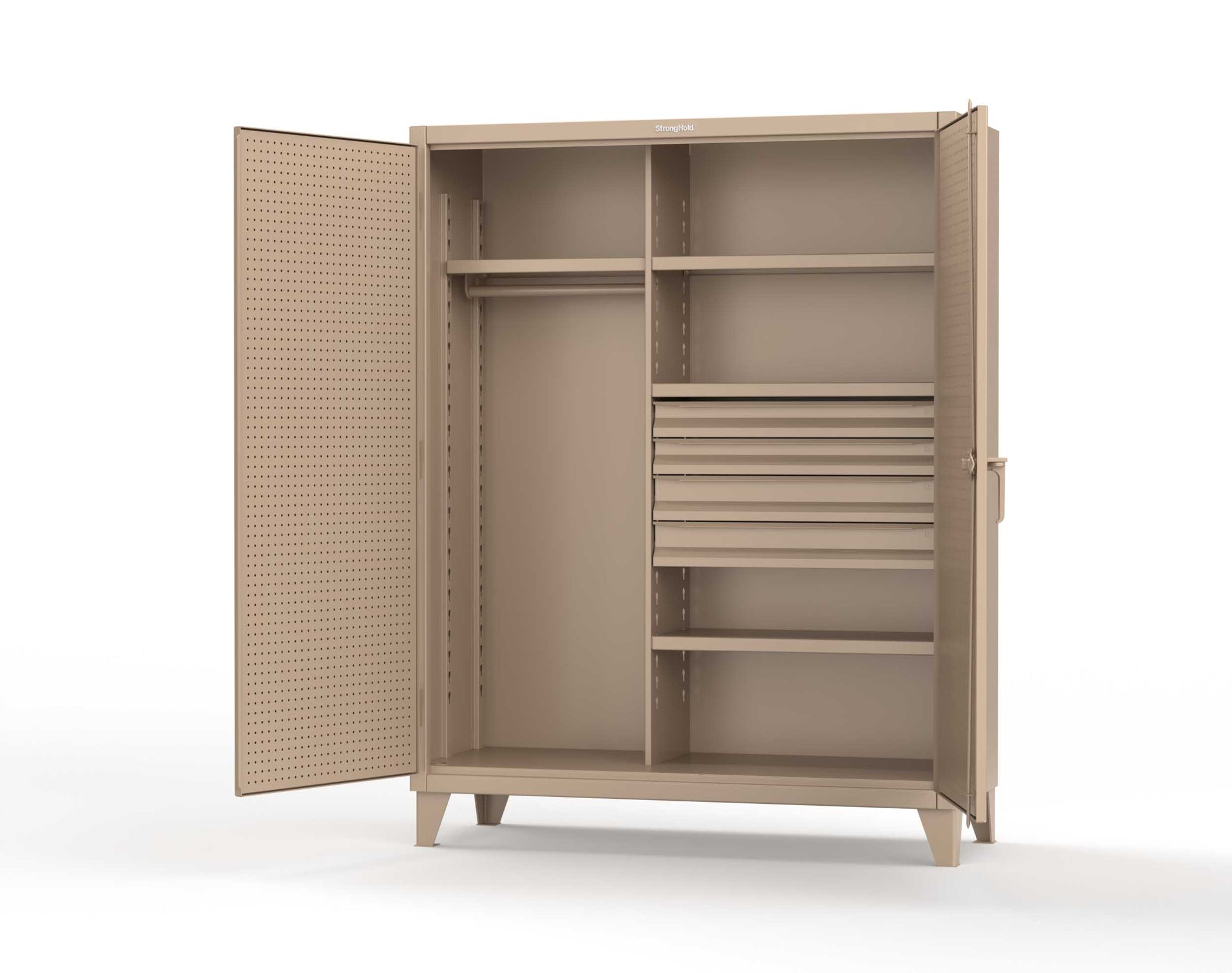 Extreme Duty 12 GA Uniform Cabinet with 4 Drawers, Pegboard, 4 Shelves - 60 In. W x 24 In. D x 78 In. H - 56-W-244-4DB-PB-1019