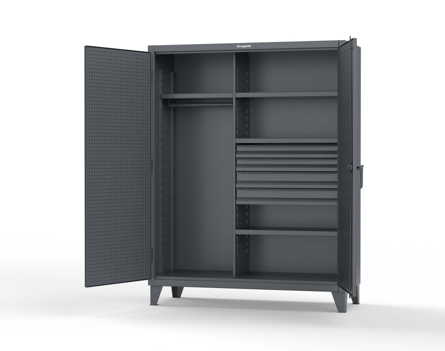Extreme Duty 12 GA Uniform Cabinet with 4 Drawers, Pegboard, 4 Shelves - 60 In. W x 24 In. D x 78 In. H - 56-W-244-4DB-PB-7024