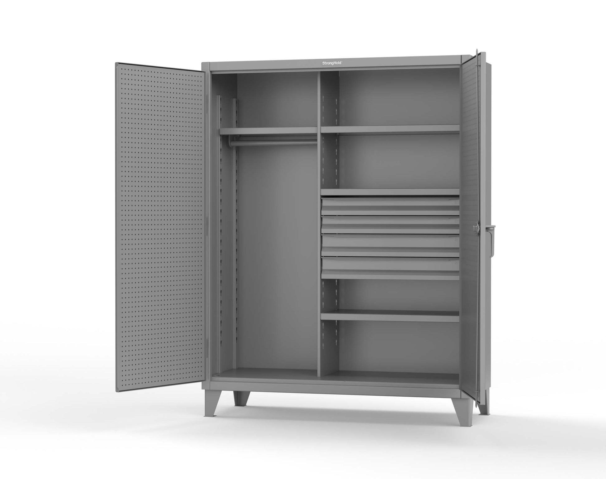 Extreme Duty 12 GA Uniform Cabinet with 4 Drawers, Pegboard, 4 Shelves - 60 In. W x 24 In. D x 78 In. H - 56-W-244-4DB-PB-7037