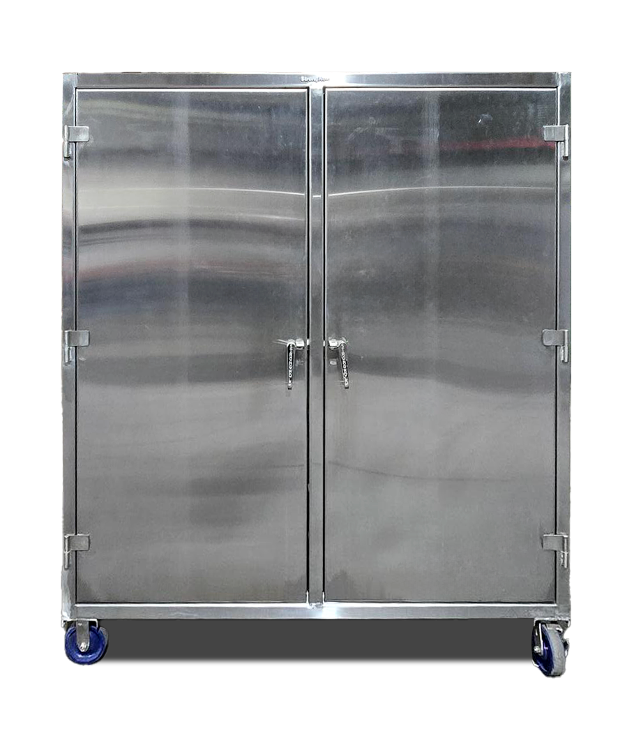 Custom Extreme Duty 12 GA Stainless Steel Double Shift Cabinet with 14 Drawers, 4 Shelves - 72 In. W x 36 In. D x 78 In. H with Casters