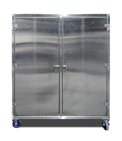 Custom Extreme Duty 12 GA Stainless Steel Double Shift Cabinet with 14 Drawers, 4 Shelves - 72 In. W x 36 In. D x 78 In. H with Casters