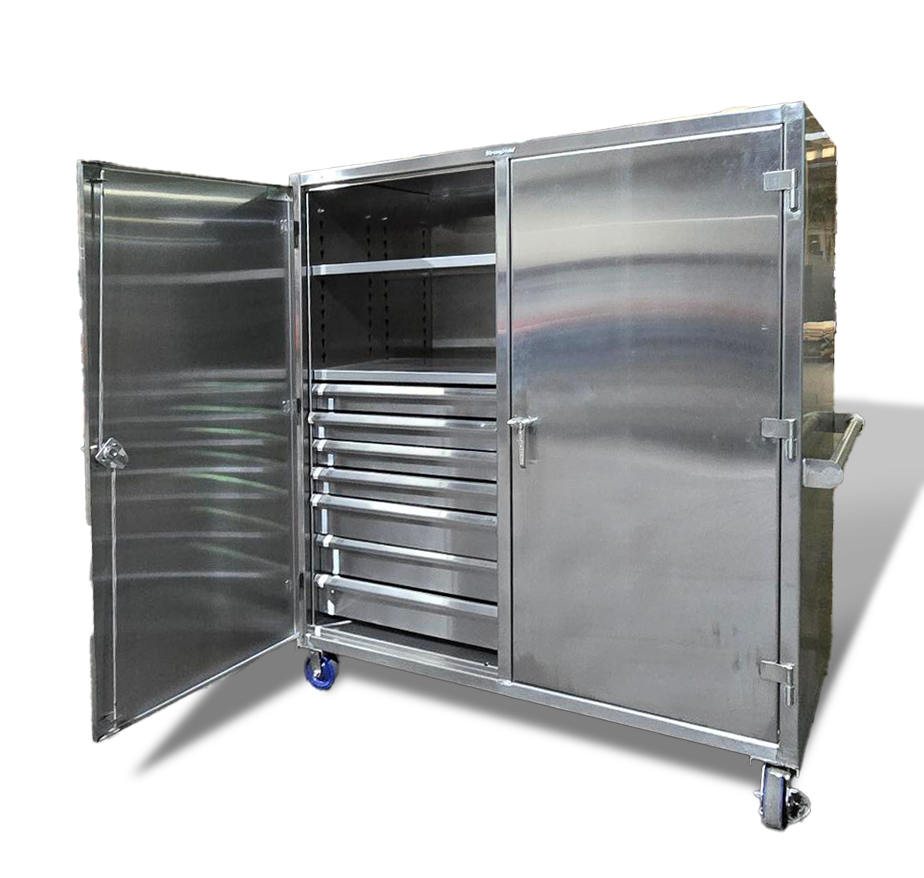 Custom Extreme Duty 12 GA Stainless Steel Double Shift Cabinet with 14 Drawers, 4 Shelves - 72 In. W x 36 In. D x 78 In. H with Casters