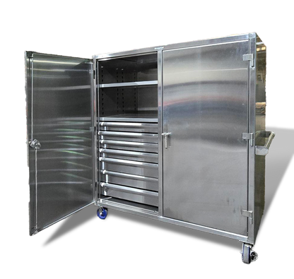 Custom Extreme Duty 12 GA Stainless Steel Double Shift Cabinet with 14 Drawers, 4 Shelves - 72 In. W x 36 In. D x 78 In. H with Casters