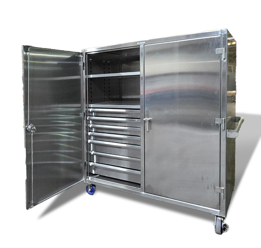 Custom Extreme Duty 12 GA Stainless Steel Double Shift Cabinet with 14 Drawers, 4 Shelves - 72 In. W x 36 In. D x 78 In. H with Casters