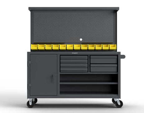 Extreme Duty 12 GA Mobile Workbench with Pegboard, 12 Bins, 6 Drawers, 3 Shelves - 72 In. W x 30 In. D x 80 In. H
