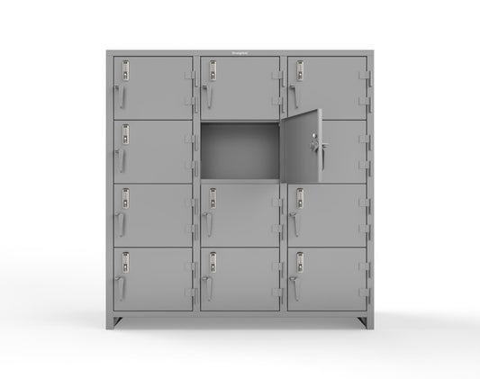 Extra Heavy Duty 14 GA 4-Tier Locker with Keyless Entry Lock, 12 Compartments – 72 in. W x 24 in. D x 75 in. H - 66-12D-24-4T-EK-L-7037