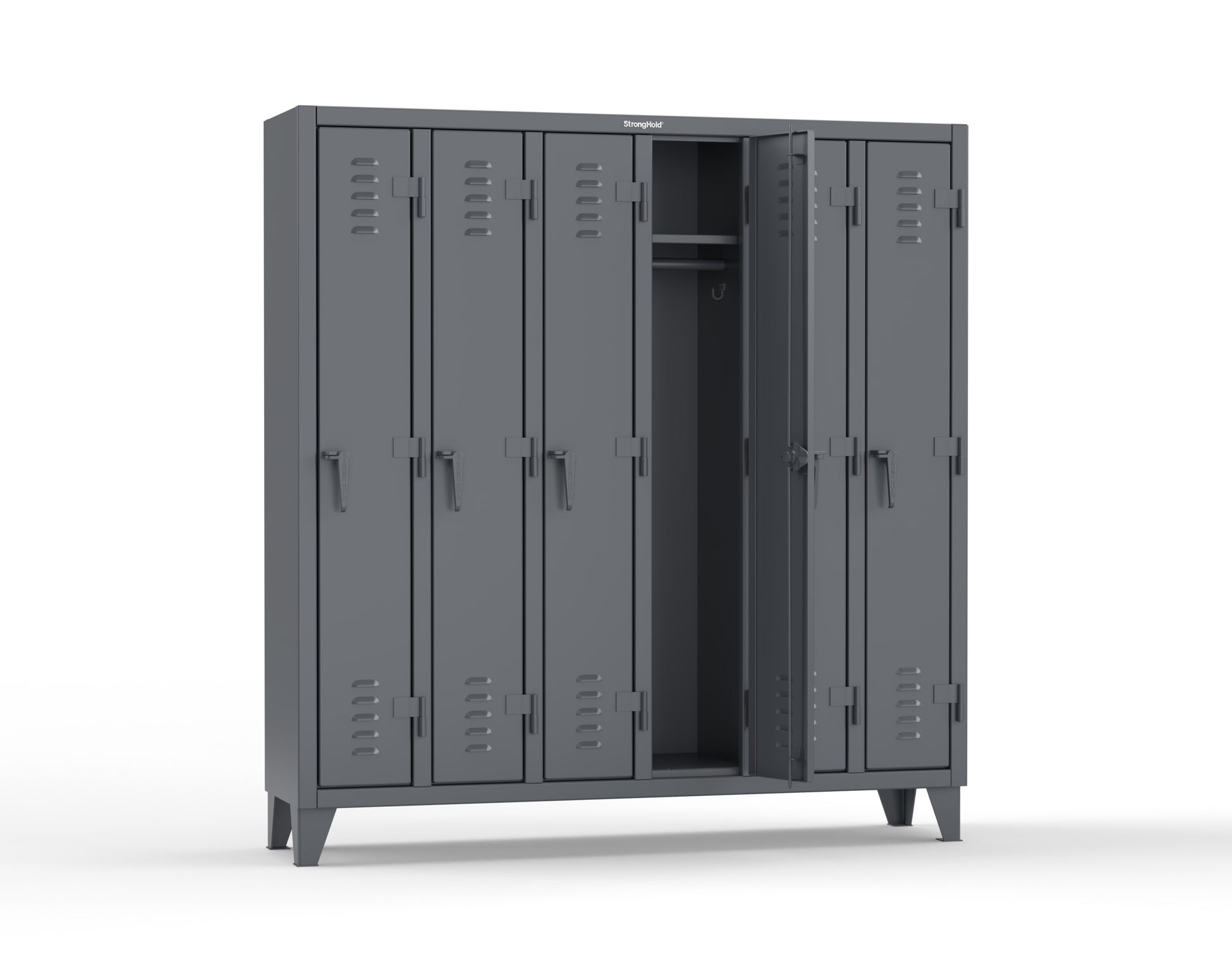 Extreme Duty 12 GA Single-Tier Locker with 6 Compartments, Louvered Doors, Wardrobe Rod - 74 in. W x 18in. D x 78 in. H - 66-18-1TSL-7024