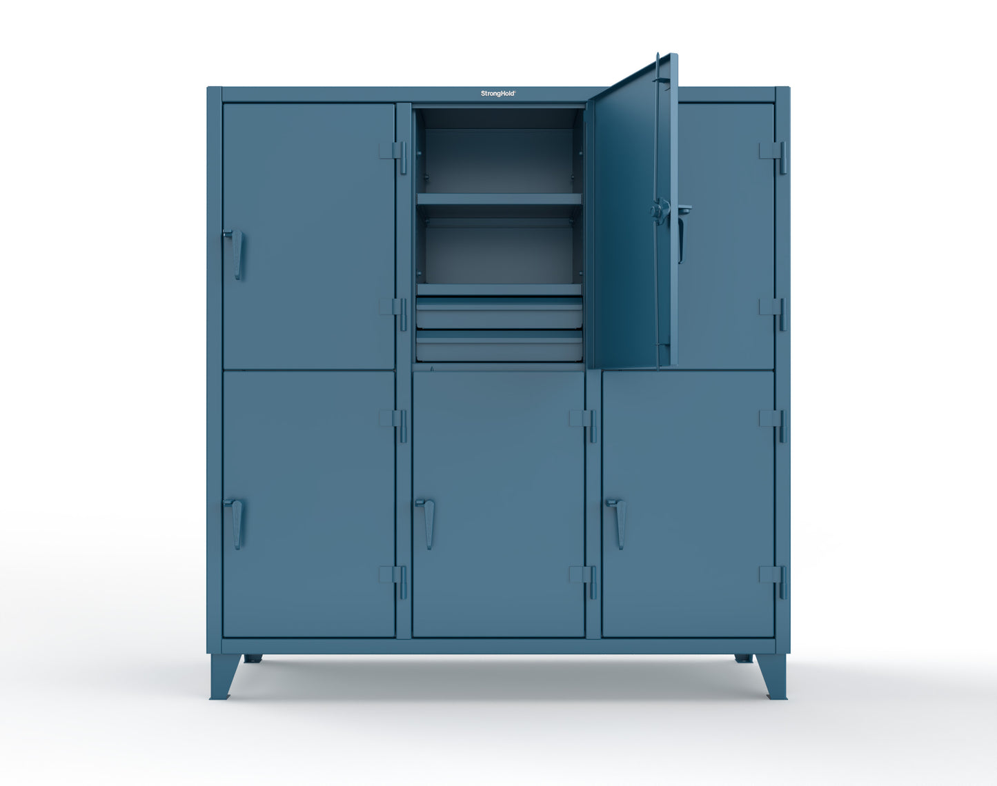 Extreme Duty 12 GA Double-Tier Locker with 6 Compartments, 9 Shelves, 12 Drawers - 74 in. W x 24in. D x 78 in. H - 66-24-2TPL-12DB-5010