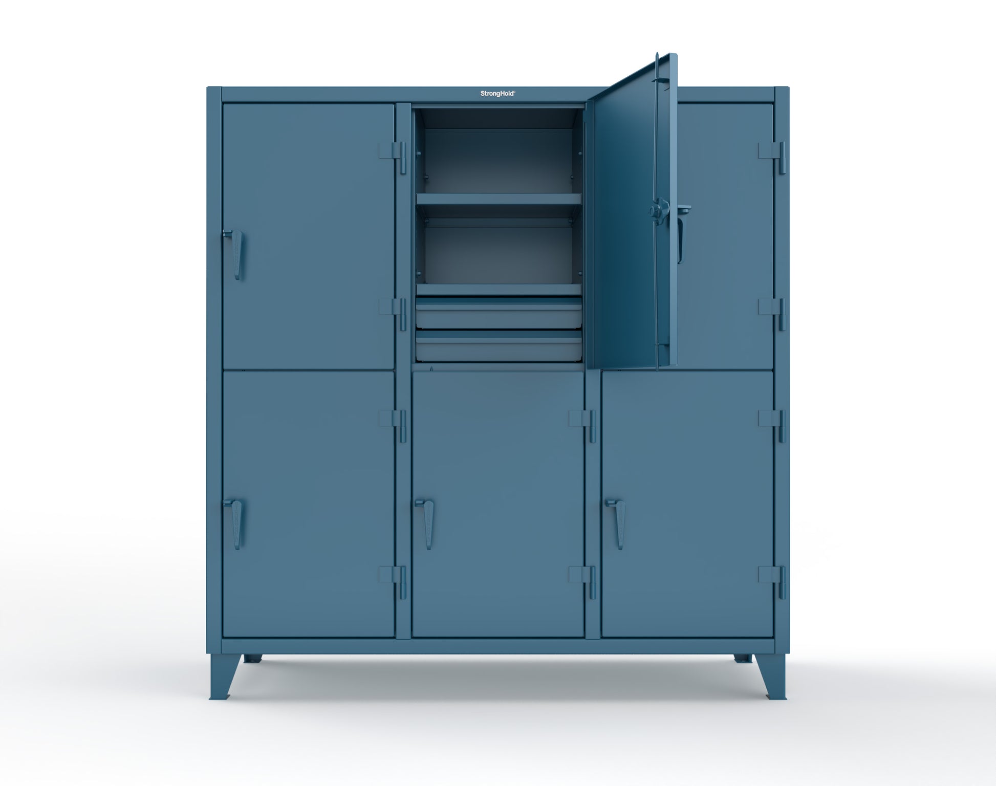 Extreme Duty 12 GA Double-Tier Locker with 6 Compartments, 9 Shelves, 12 Drawers - 74 in. W x 24in. D x 78 in. H - 66-24-2TPL-12DB-5010