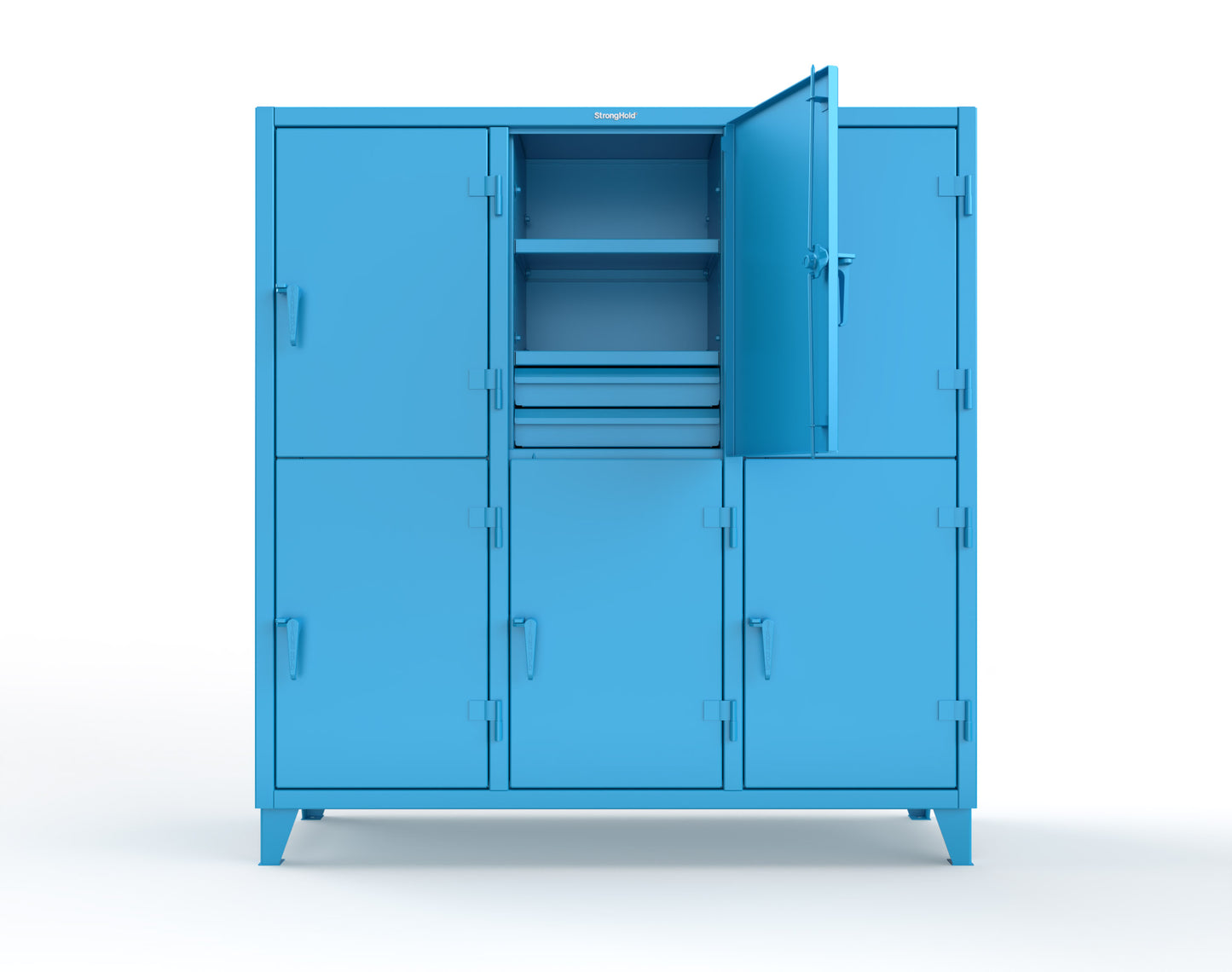 Extreme Duty 12 GA Double-Tier Locker with 6 Compartments, 9 Shelves, 12 Drawers - 74 in. W x 24in. D x 78 in. H - 66-24-2TPL-12DB-5012