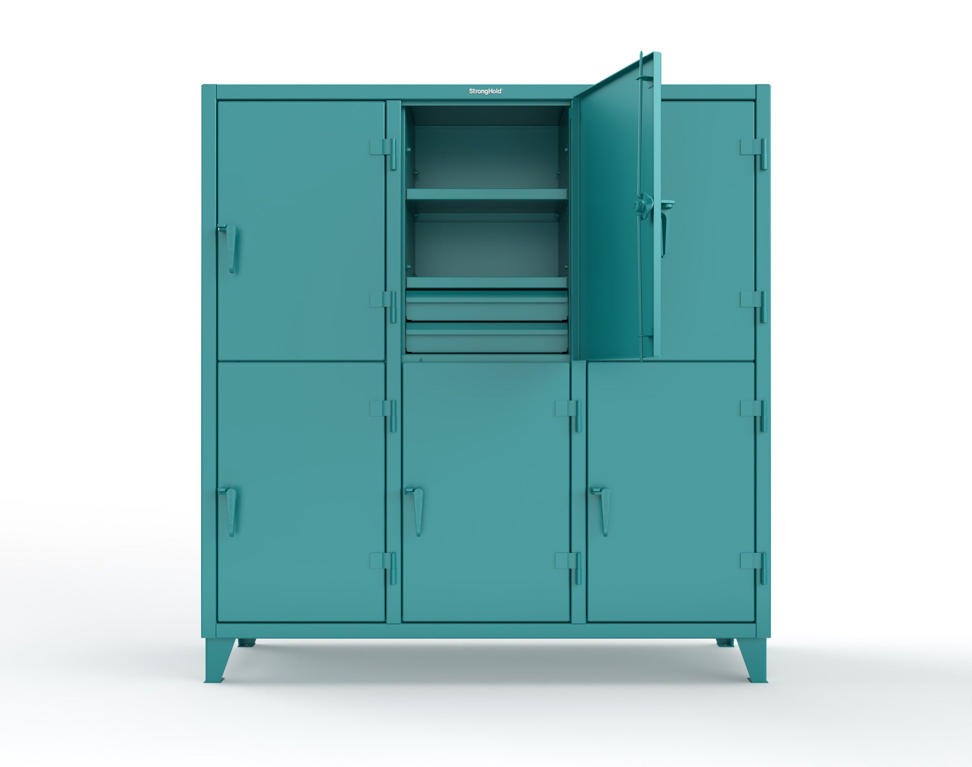 Extreme Duty 12 GA Double-Tier Locker with 6 Compartments, 9 Shelves, 12 Drawers - 74 in. W x 24in. D x 78 in. H - 66-24-2TPL-12DB-5021