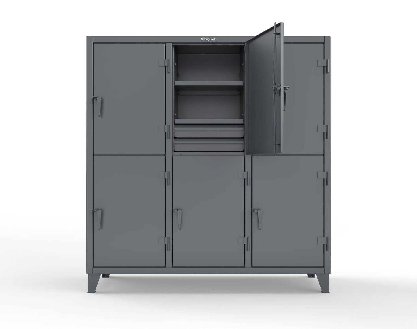 Extreme Duty 12 GA Double-Tier Locker with 6 Compartments, 9 Shelves, 12 Drawers - 74 in. W x 24in. D x 78 in. H - 66-24-2TPL-12DB-7024