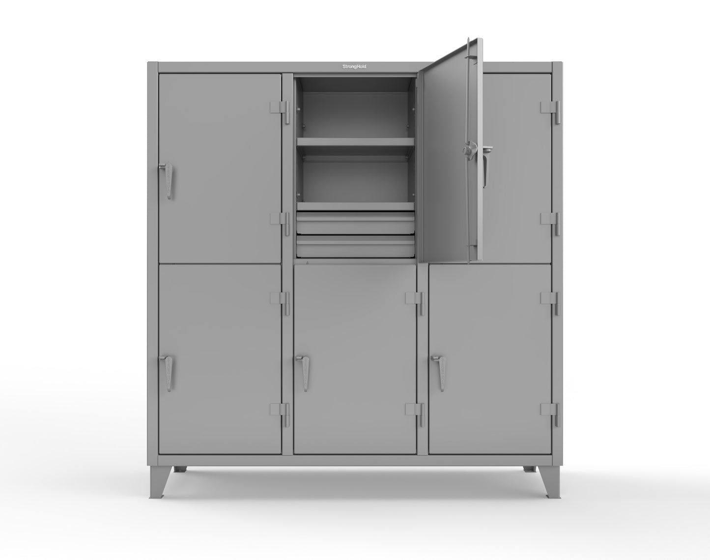 Extreme Duty 12 GA Double-Tier Locker with 6 Compartments, 9 Shelves, 12 Drawers - 74 in. W x 24in. D x 78 in. H - 66-24-2TPL-12DB-7037