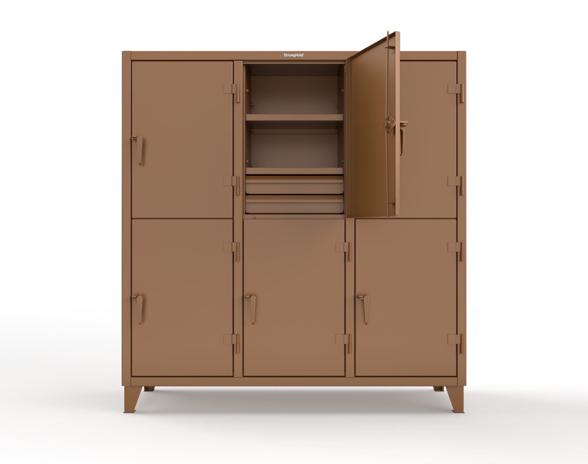 Extreme Duty 12 GA Double-Tier Locker with 6 Compartments, 9 Shelves, 12 Drawers - 74 in. W x 24in. D x 78 in. H - 66-24-2TPL-12DB-8025