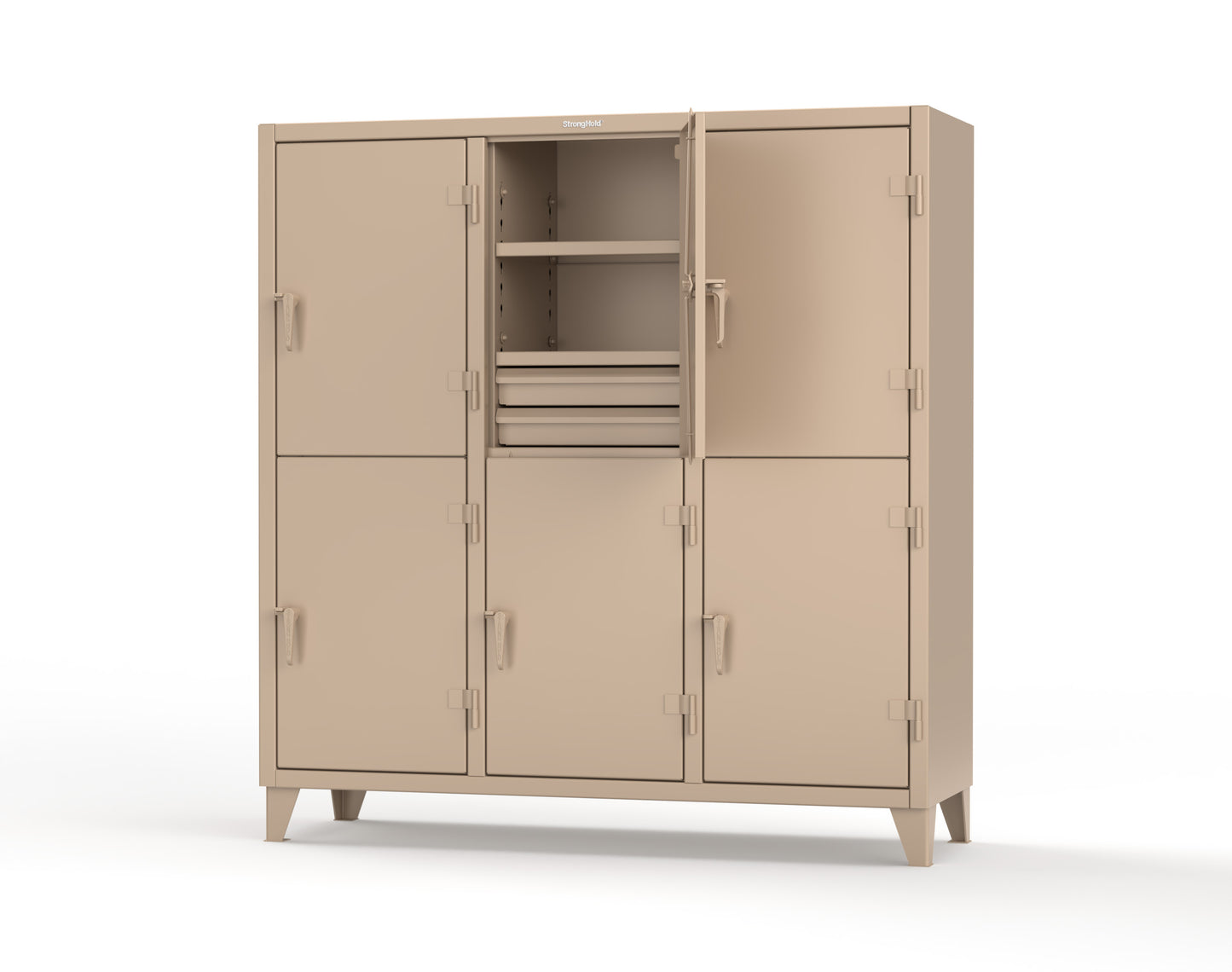 Extreme Duty 12 GA Double-Tier Locker with 6 Compartments, 9 Shelves, 12 Drawers - 74 in. W x 24in. D x 78 in. H - 66-24-2TPL-12DB-1019