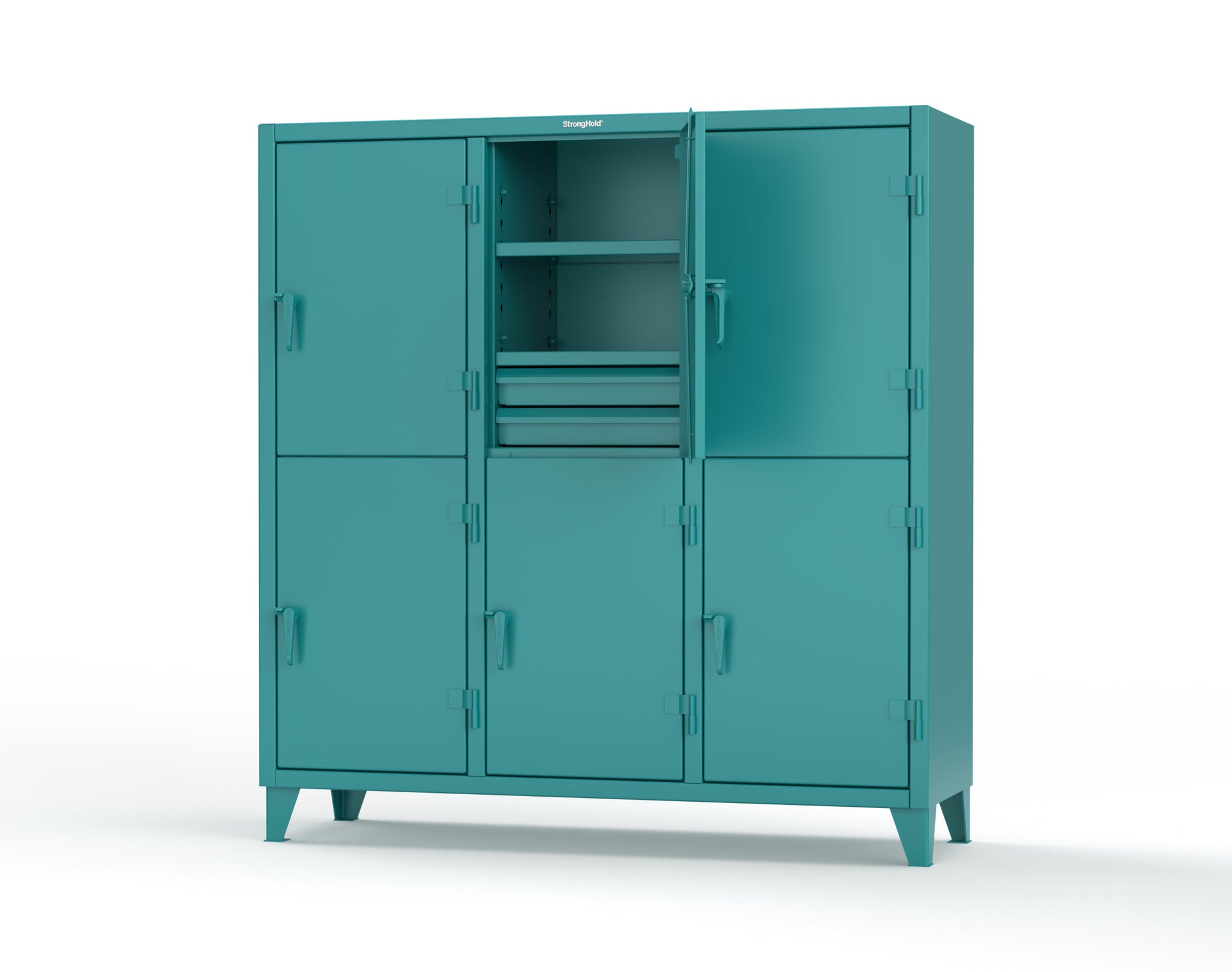 Extreme Duty 12 GA Double-Tier Locker with 6 Compartments, 9 Shelves, 12 Drawers - 74 in. W x 24in. D x 78 in. H - 66-24-2TPL-12DB-5021