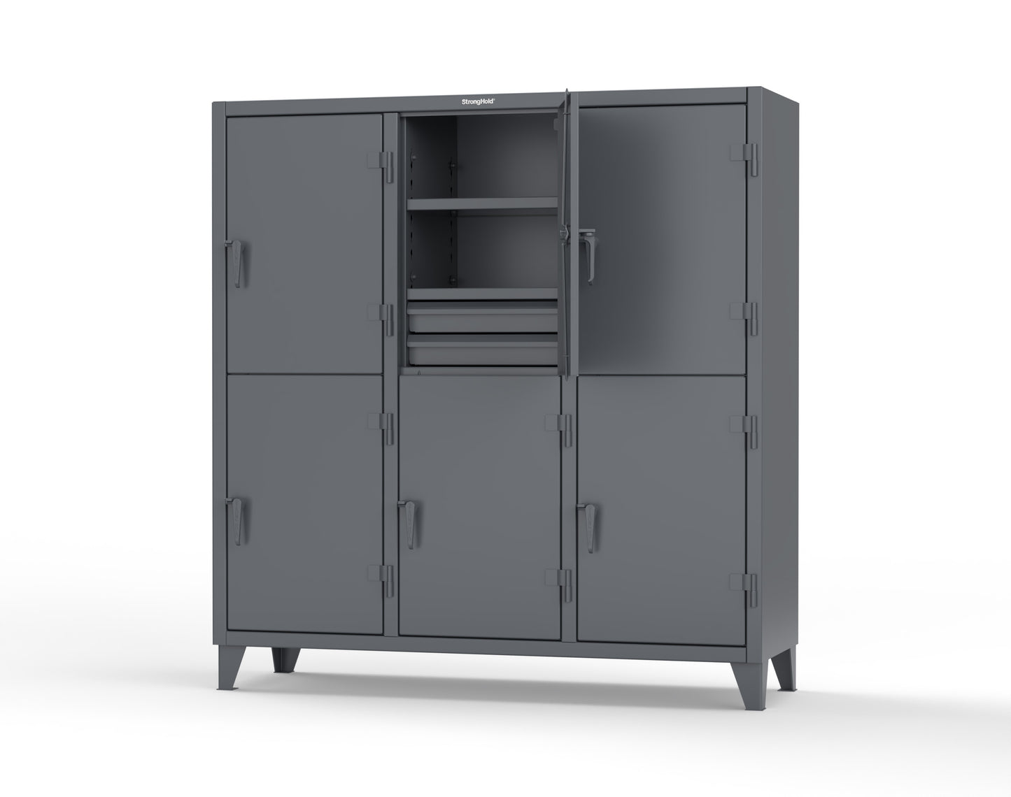Extreme Duty 12 GA Double-Tier Locker with 6 Compartments, 9 Shelves, 12 Drawers - 74 in. W x 24in. D x 78 in. H - 66-24-2TPL-12DB-7024