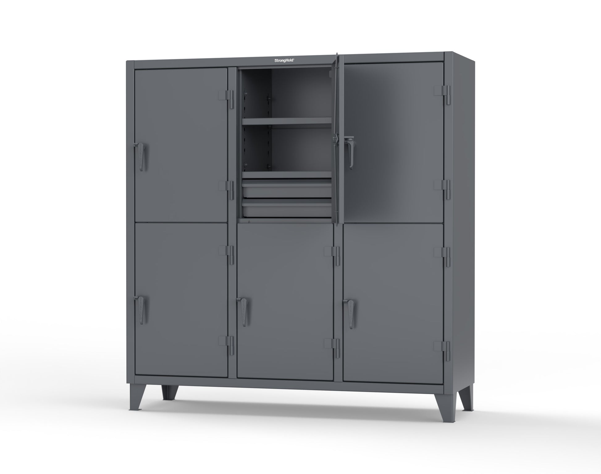 Extreme Duty 12 GA Double-Tier Locker with 6 Compartments, 9 Shelves, 12 Drawers - 74 in. W x 24in. D x 78 in. H - 66-24-2TPL-12DB-7024