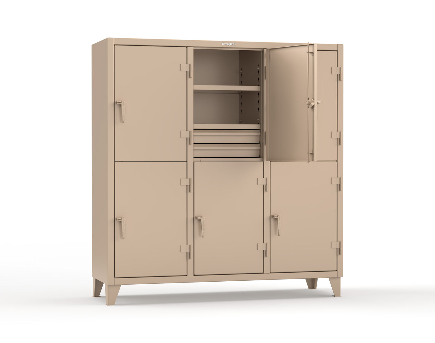 Extreme Duty 12 GA Double-Tier Locker with 6 Compartments, 9 Shelves, 12 Drawers - 74 in. W x 24in. D x 78 in. H - 66-24-2TPL-12DB-1019