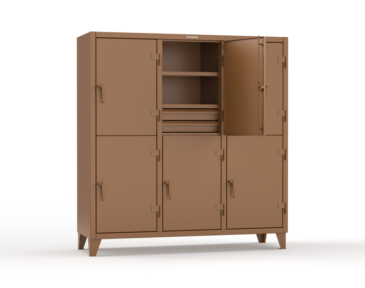 Extreme Duty 12 GA Double-Tier Locker with 6 Compartments, 9 Shelves, 12 Drawers - 74 in. W x 24in. D x 78 in. H - 66-24-2TPL-12DB-8025