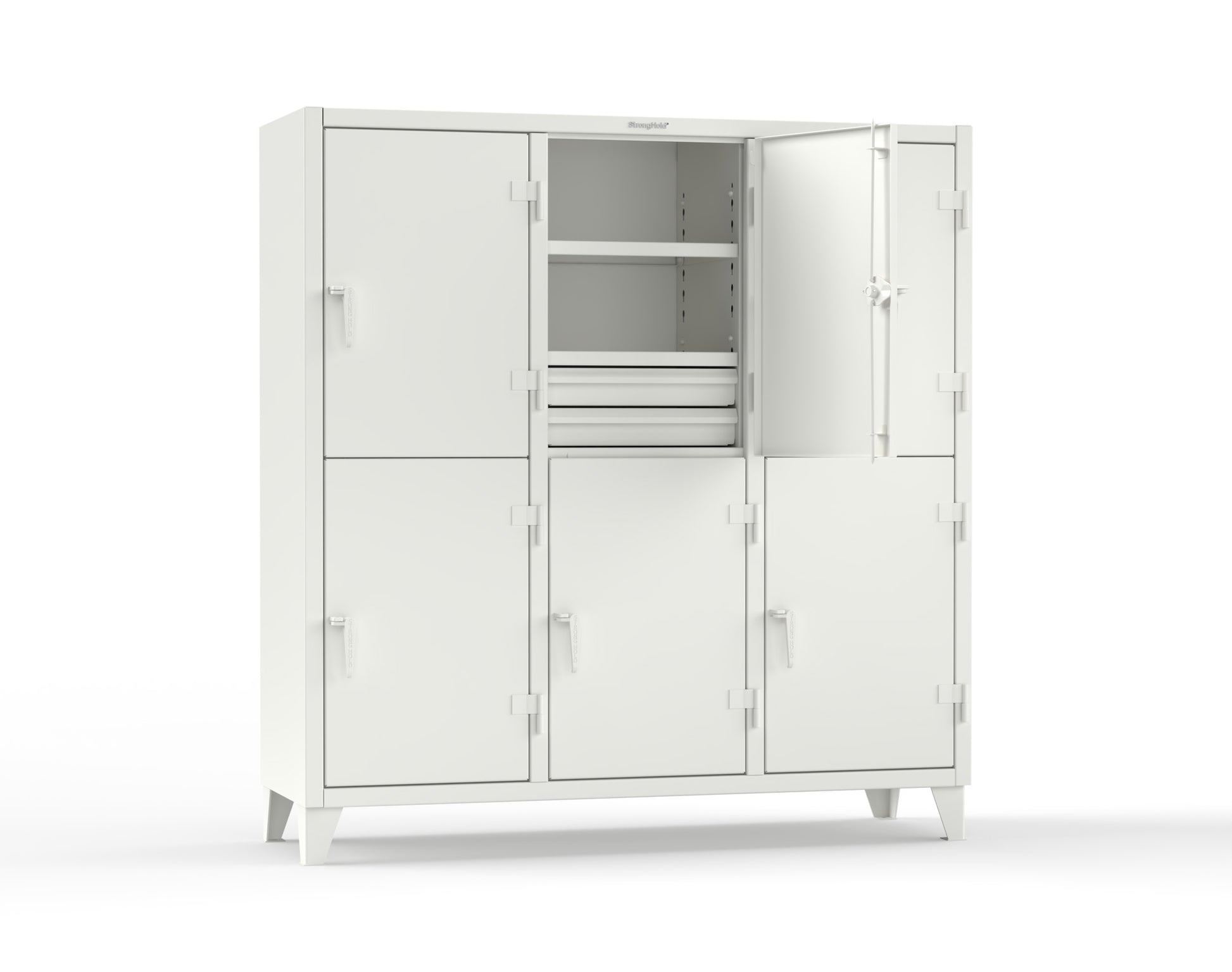 Extreme Duty 12 GA Double-Tier Locker with 6 Compartments, 9 Shelves, 12 Drawers - 74 in. W x 24in. D x 78 in. H - 66-24-2TPL-12DB-9003