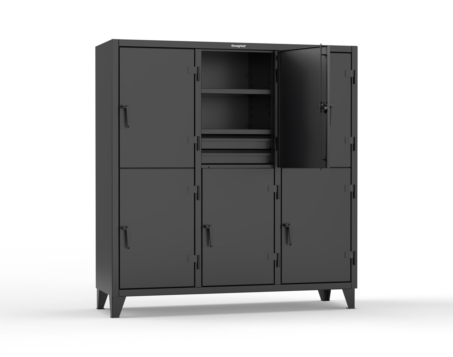 Extreme Duty 12 GA Double-Tier Locker with 6 Compartments, 9 Shelves, 12 Drawers - 74 in. W x 24in. D x 78 in. H - 66-24-2TPL-12DB-9005