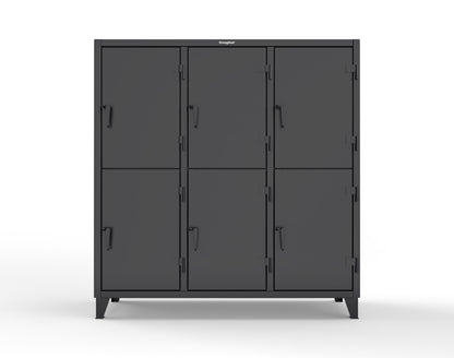 Extreme Duty 12 GA Double-Tier Locker with 6 Compartments, 12 Shelves, Coat Hooks - 74 in. W x 24in. D x 78 in. H - 66-24-2TPL-9005