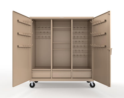 Extreme Duty 12 GA Mobile Rigging Cabinet with Welded Hooks, 3 Drawers, Hanger Rods - 72 in. W x 30 in. D x 80 in. H - 66-303-3DB-RODS-HKS-CA-1019