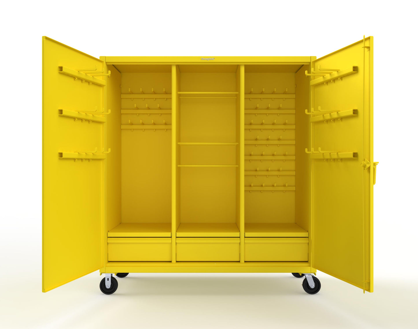 Extreme Duty 12 GA Mobile Rigging Cabinet with Welded Hooks, 3 Drawers, Hanger Rods - 72 in. W x 30 in. D x 80 in. H - 66-303-3DB-RODS-HKS-CA-1021
