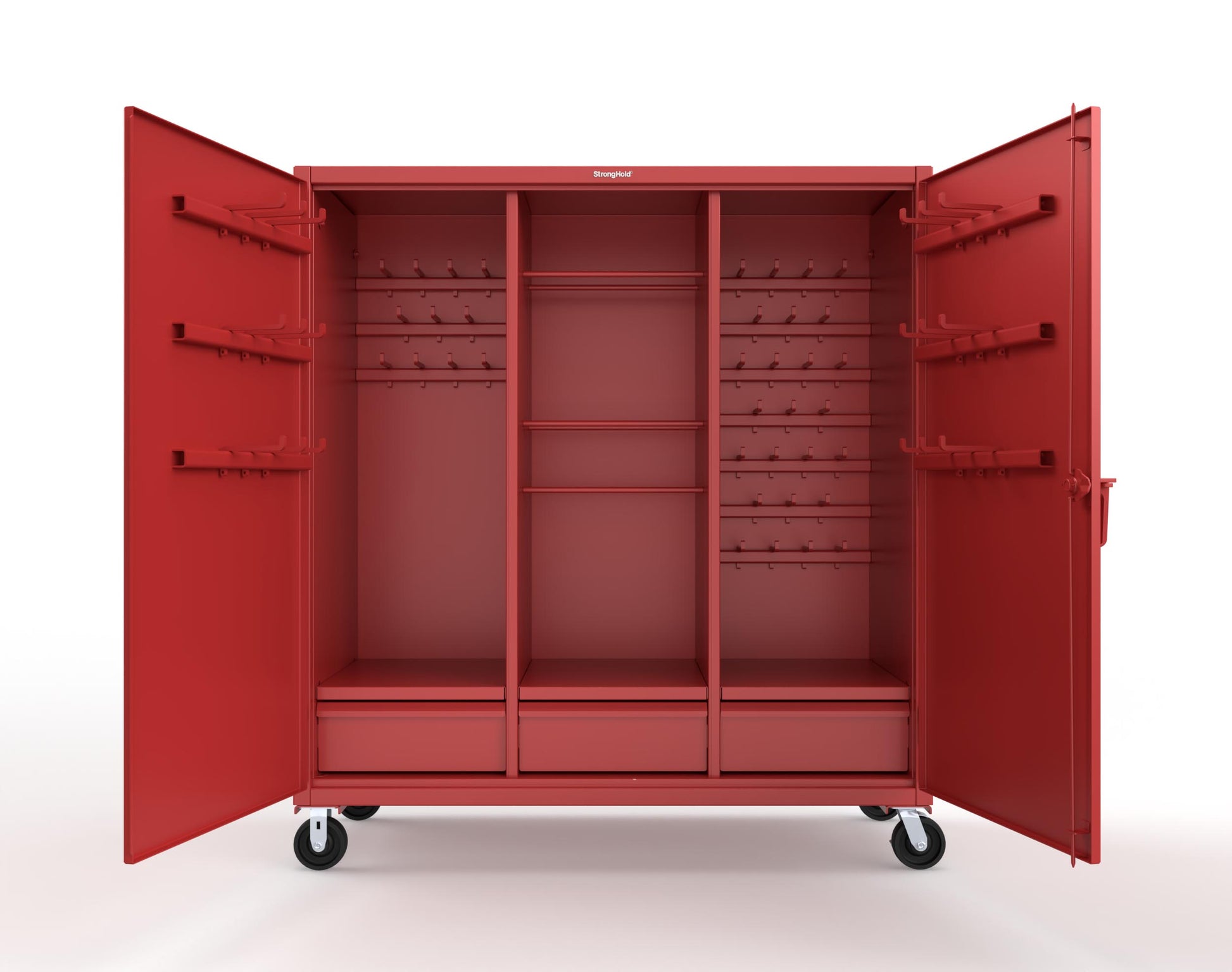 Extreme Duty 12 GA Mobile Rigging Cabinet with Welded Hooks, 3 Drawers, Hanger Rods - 72 in. W x 30 in. D x 80 in. H - 66-303-3DB-RODS-HKS-CA-3001