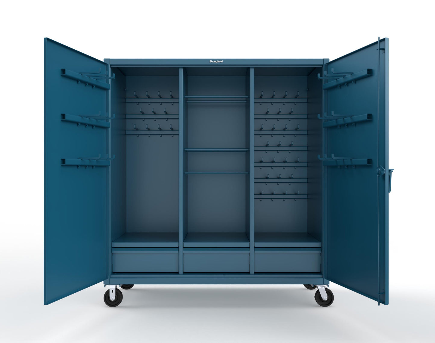 Extreme Duty 12 GA Mobile Rigging Cabinet with Welded Hooks, 3 Drawers, Hanger Rods - 72 in. W x 30 in. D x 80 in. H - 66-303-3DB-RODS-HKS-CA-5001