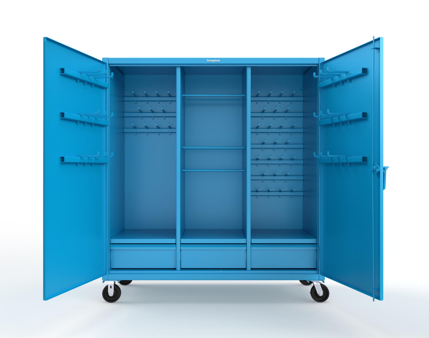 Extreme Duty 12 GA Mobile Rigging Cabinet with Welded Hooks, 3 Drawers, Hanger Rods - 72 in. W x 30 in. D x 80 in. H - 66-303-3DB-RODS-HKS-CA-5012