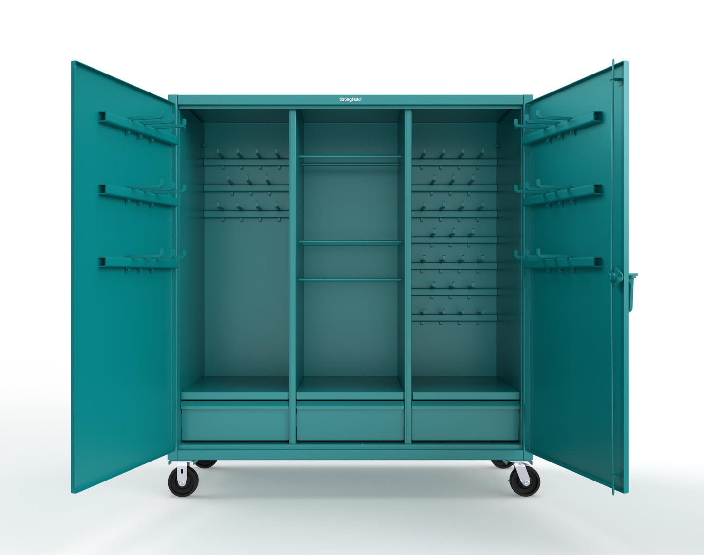 Extreme Duty 12 GA Mobile Rigging Cabinet with Welded Hooks, 3 Drawers, Hanger Rods - 72 in. W x 30 in. D x 80 in. H - 66-303-3DB-RODS-HKS-CA-5021