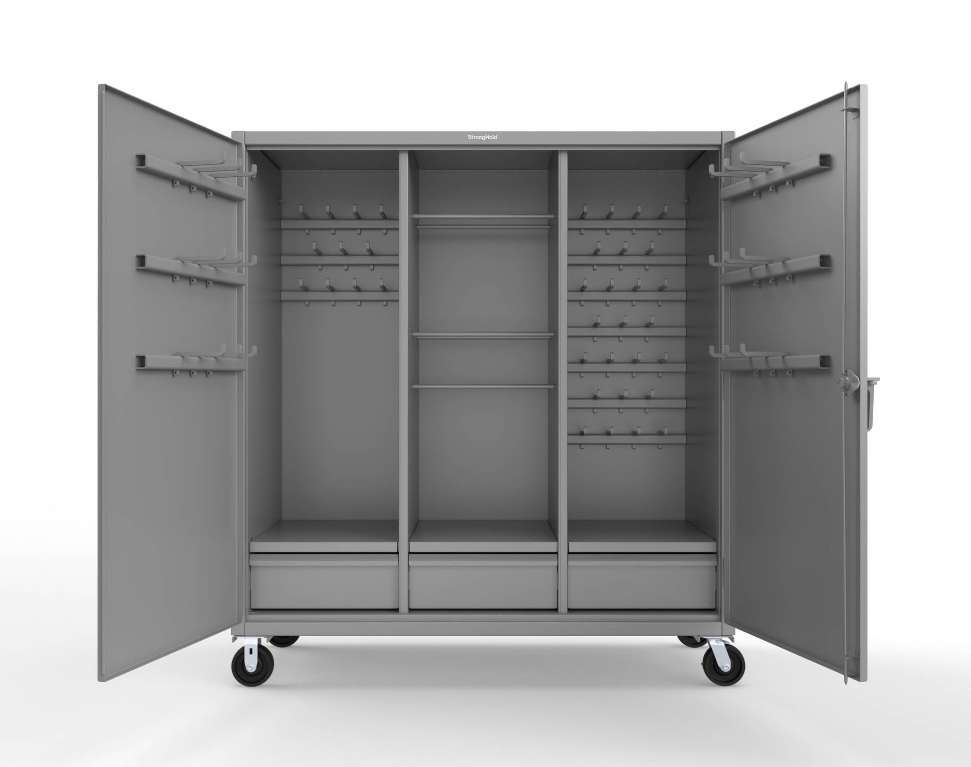 Extreme Duty 12 GA Mobile Rigging Cabinet with Welded Hooks, 3 Drawers, Hanger Rods - 72 in. W x 30 in. D x 80 in. H - 66-303-3DB-RODS-HKS-CA-7037