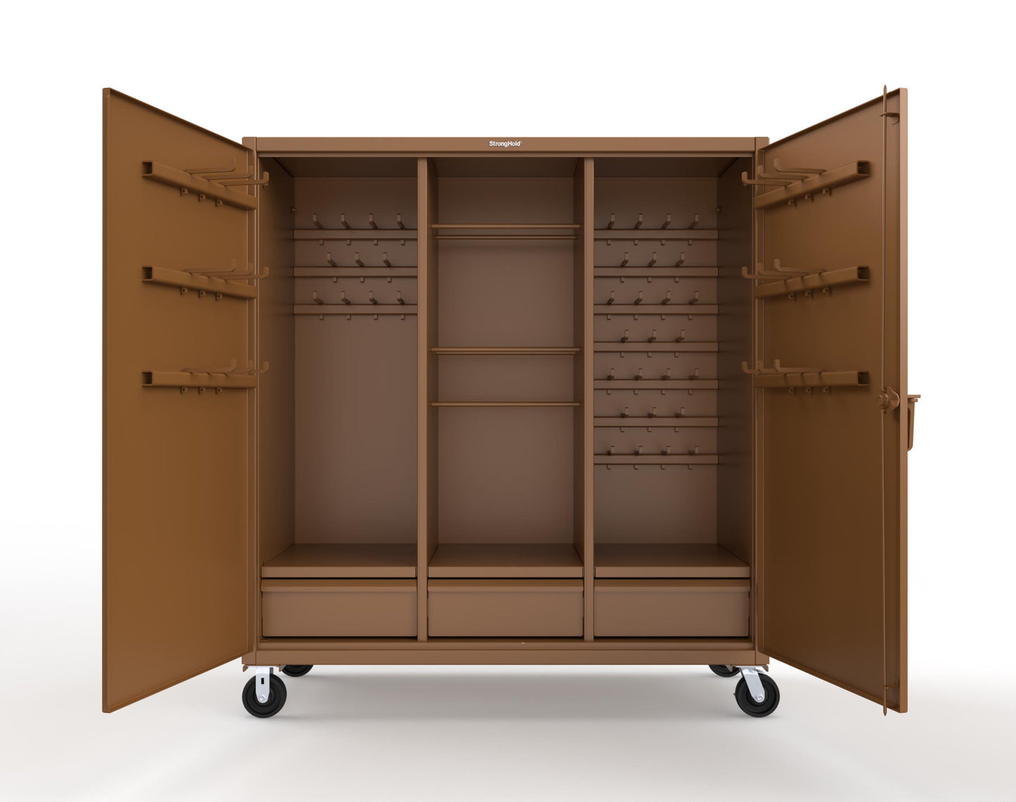 Extreme Duty 12 GA Mobile Rigging Cabinet with Welded Hooks, 3 Drawers, Hanger Rods - 72 in. W x 30 in. D x 80 in. H - 66-303-3DB-RODS-HKS-CA-8008