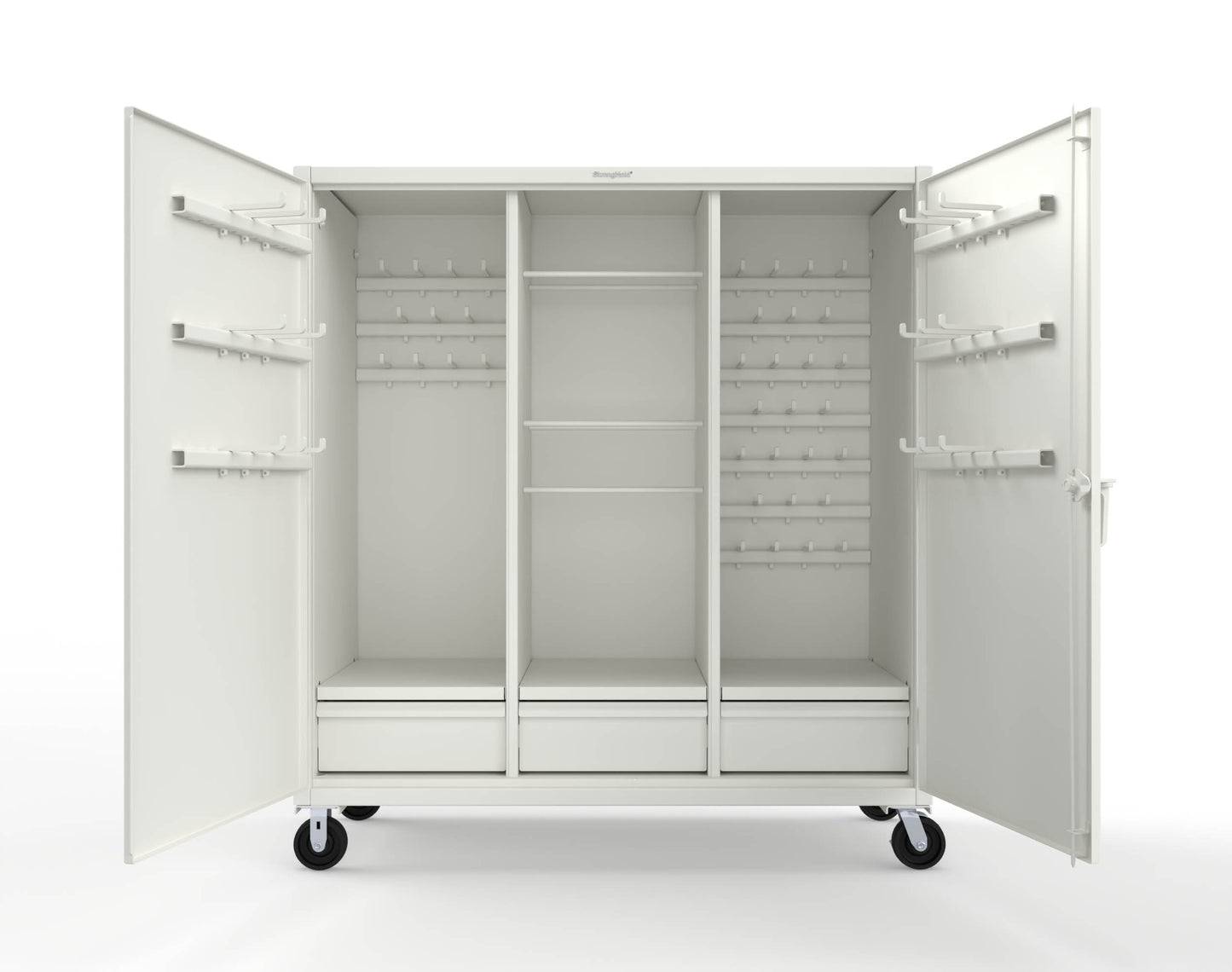 Extreme Duty 12 GA Mobile Rigging Cabinet with Welded Hooks, 3 Drawers, Hanger Rods - 72 in. W x 30 in. D x 80 in. H - 66-303-3DB-RODS-HKS-CA-9003