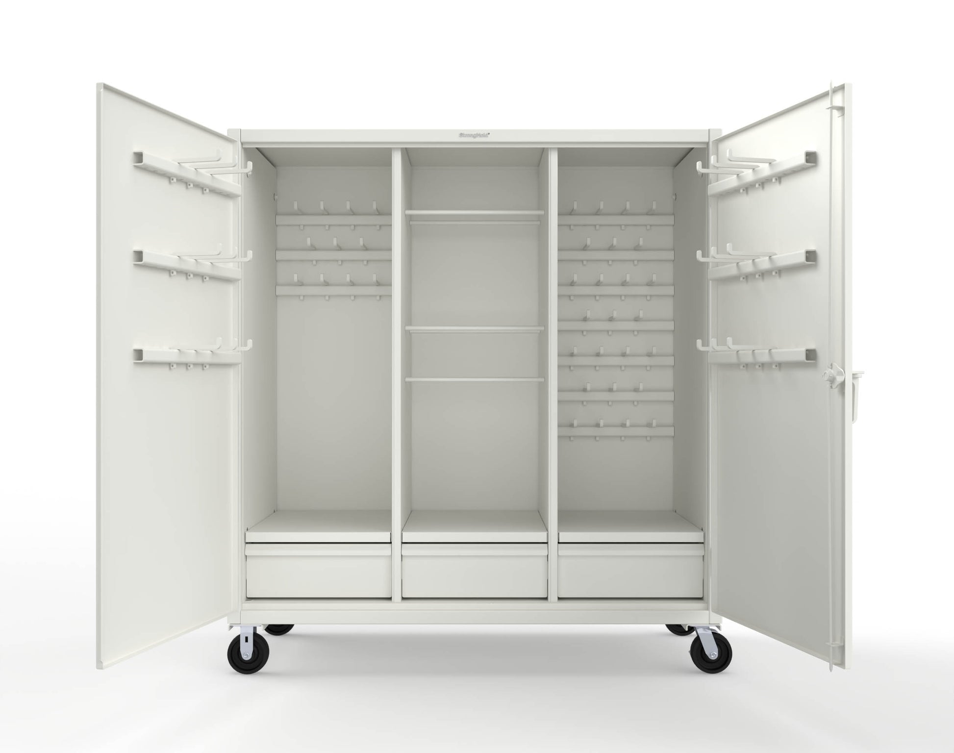 Extreme Duty 12 GA Mobile Rigging Cabinet with Welded Hooks, 3 Drawers, Hanger Rods - 72 in. W x 30 in. D x 80 in. H - 66-303-3DB-RODS-HKS-CA-9003