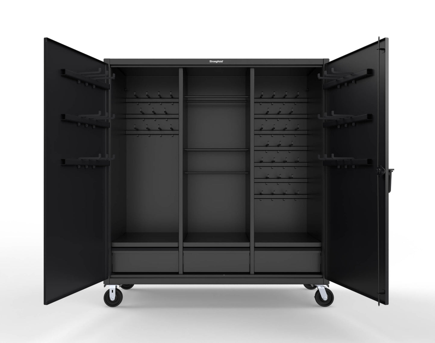 Extreme Duty 12 GA Mobile Rigging Cabinet with Welded Hooks, 3 Drawers, Hanger Rods - 72 in. W x 30 in. D x 80 in. H - 66-303-3DB-RODS-HKS-CA-9005