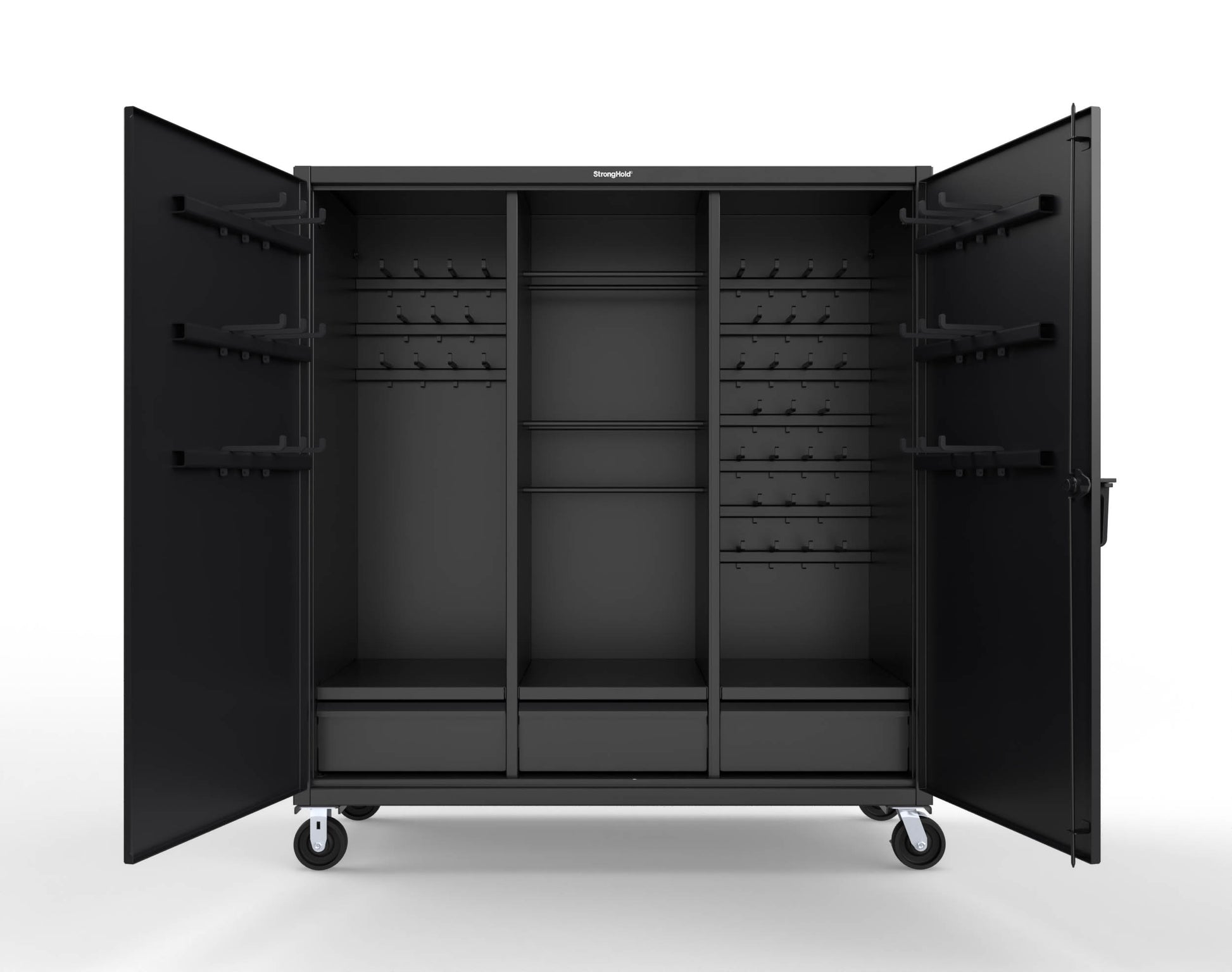 Extreme Duty 12 GA Mobile Rigging Cabinet with Welded Hooks, 3 Drawers, Hanger Rods - 72 in. W x 30 in. D x 80 in. H - 66-303-3DB-RODS-HKS-CA-9005