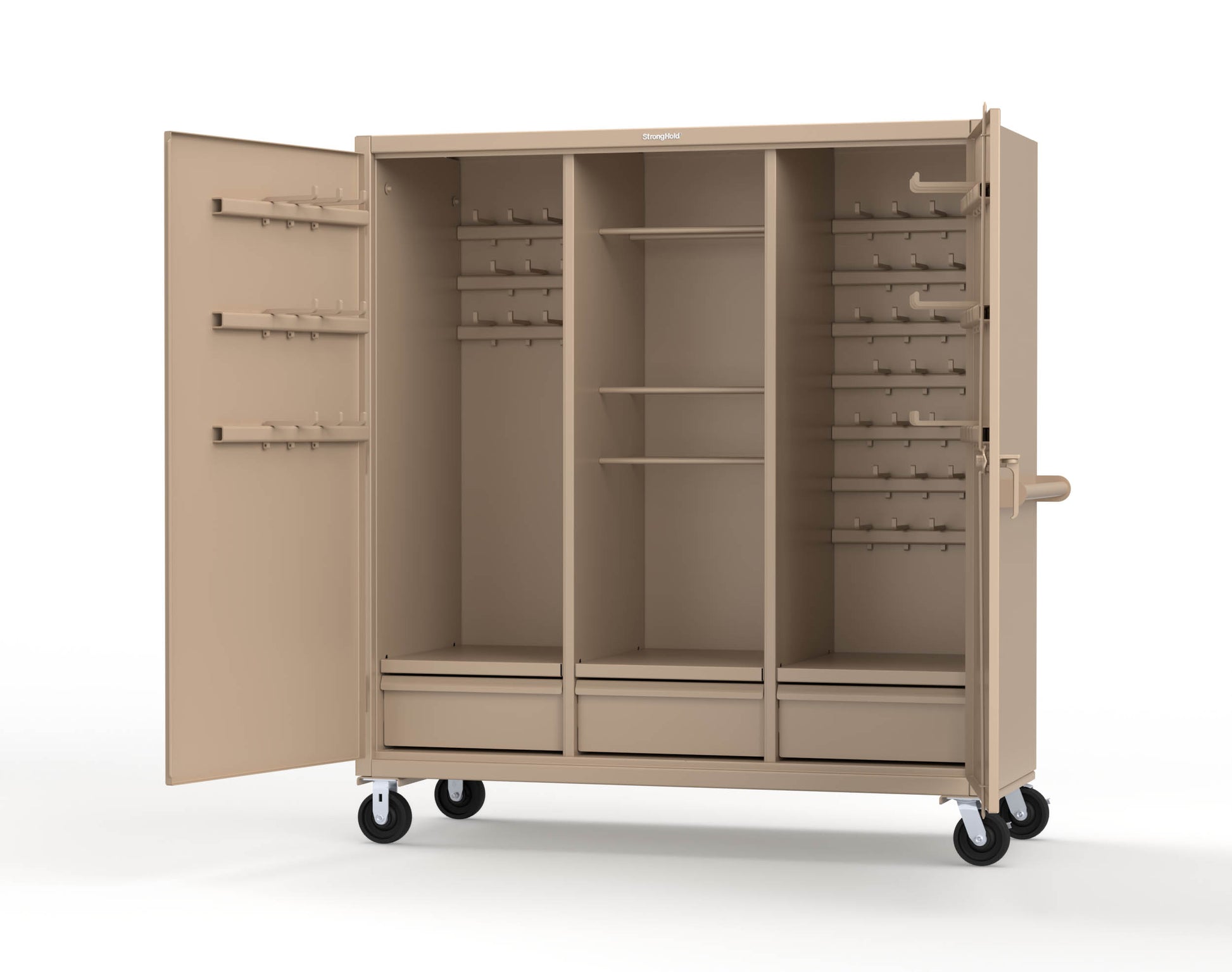 Extreme Duty 12 GA Mobile Rigging Cabinet with Welded Hooks, 3 Drawers, Hanger Rods - 72 in. W x 30 in. D x 80 in. H - 66-303-3DB-RODS-HKS-CA-1019