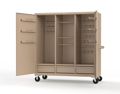 Extreme Duty 12 GA Mobile Rigging Cabinet with Welded Hooks, 3 Drawers, Hanger Rods - 72 in. W x 30 in. D x 80 in. H - 66-303-3DB-RODS-HKS-CA-1019