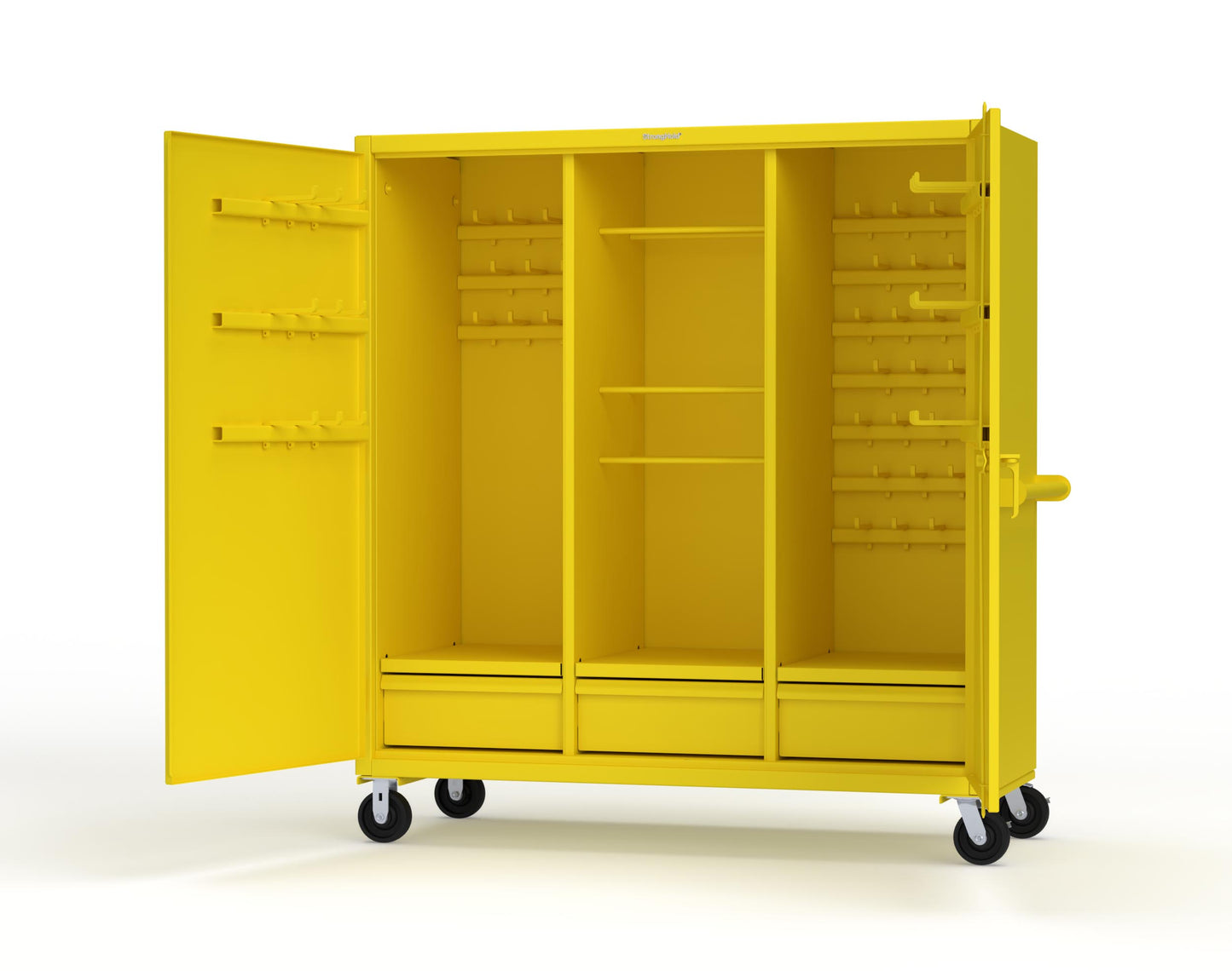 Extreme Duty 12 GA Mobile Rigging Cabinet with Welded Hooks, 3 Drawers, Hanger Rods - 72 in. W x 30 in. D x 80 in. H - 66-303-3DB-RODS-HKS-CA-1021