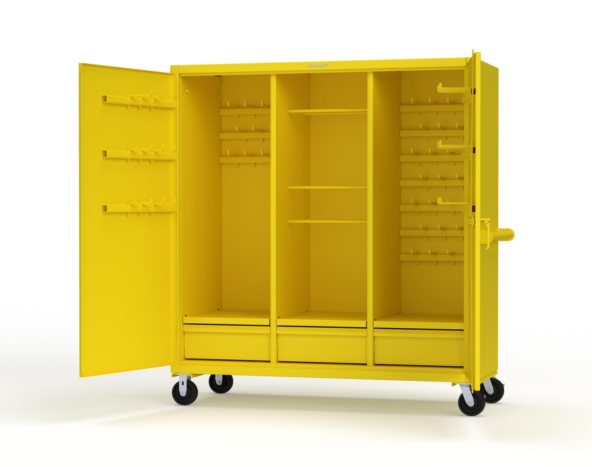 Extreme Duty 12 GA Mobile Rigging Cabinet with Welded Hooks, 3 Drawers, Hanger Rods - 72 in. W x 30 in. D x 80 in. H - 66-303-3DB-RODS-HKS-CA-1021